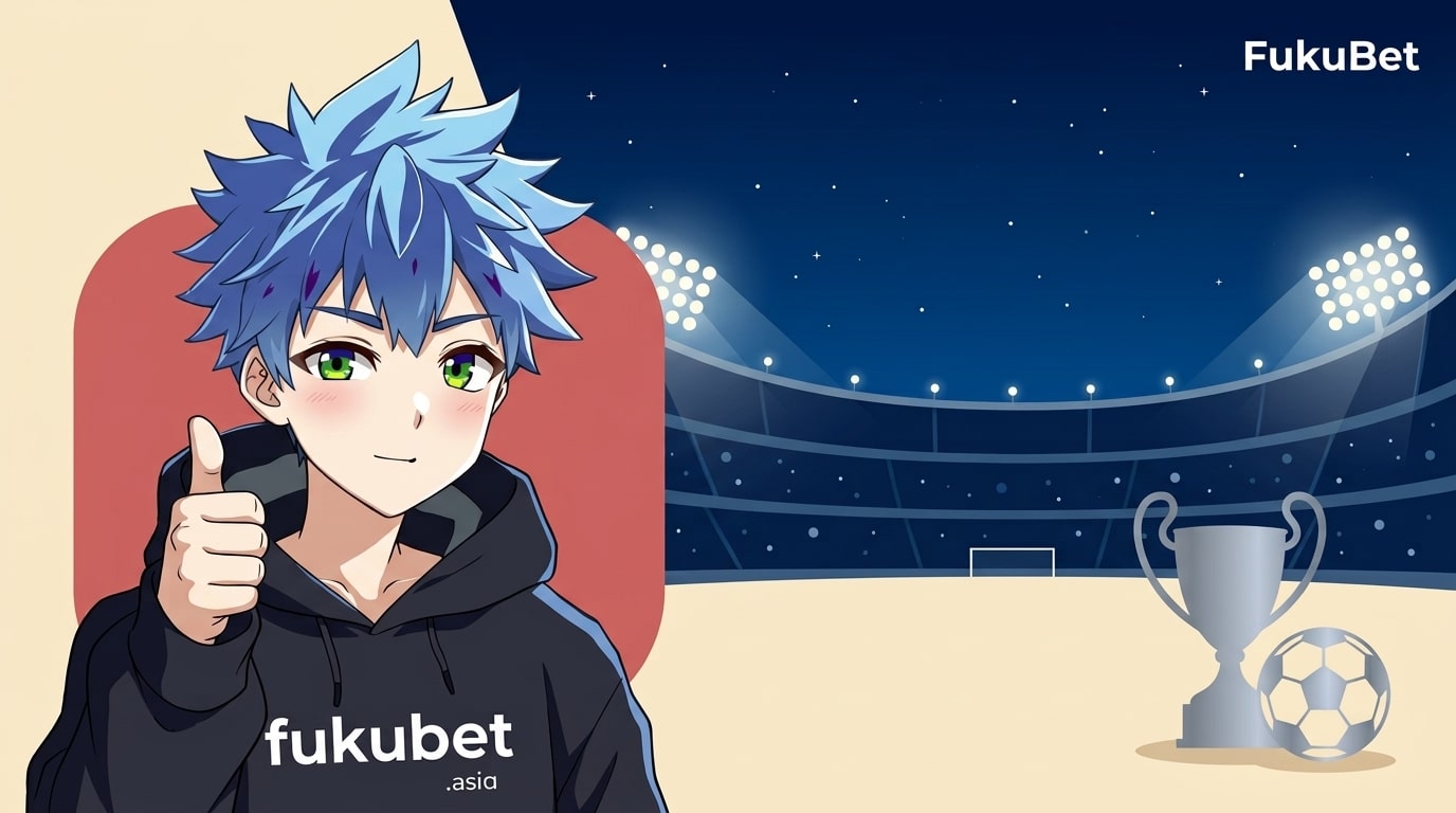 フクちゃんとヨーロッパのサッカースタジアム、トロフィーを描いたチャンピオンズリーグベッティングガイドのバナー