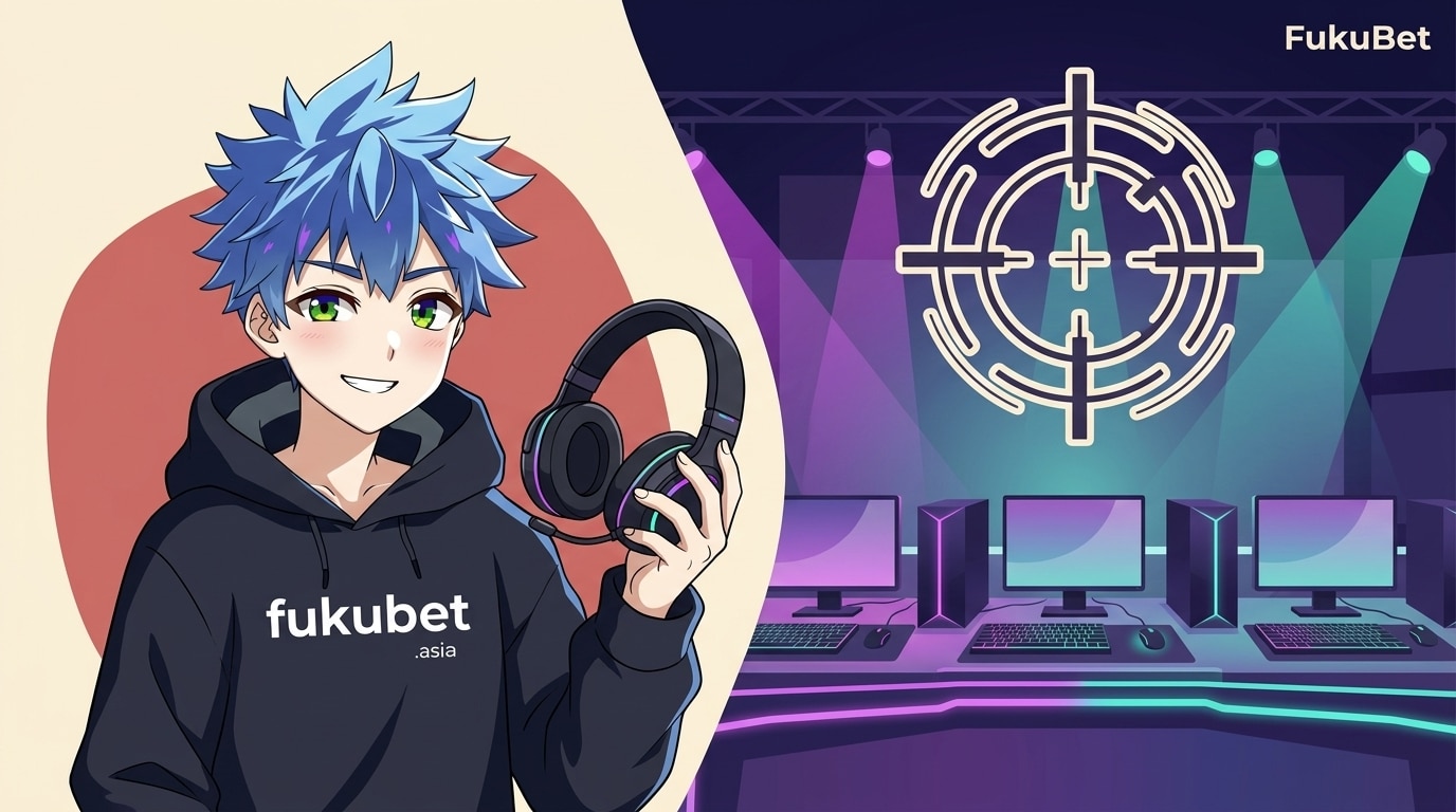 フクちゃんとeスポーツアリーナのステージを描いたVALORANTベッティングガイドのバナー